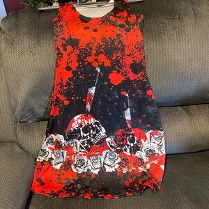 Edgy Red and Black Kids Dress with Skull and Rose Design